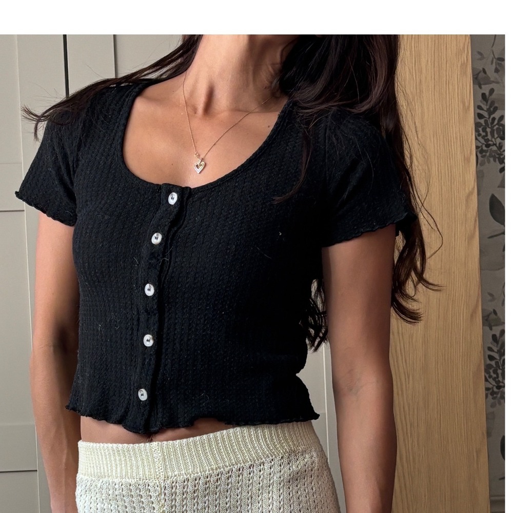Black Waffle Knit Button Front Crop Top Short Sleeve Boho Coquette Small